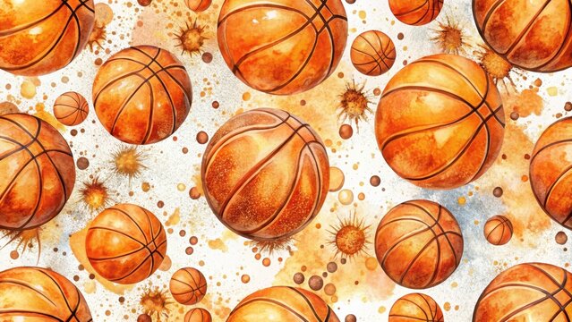 Watercolor basketball pattern with orange splatters on a white background in a seamless repeat