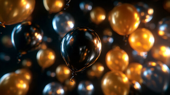 Shiny Gold and Black Balloons Floating at Luxury Celebration