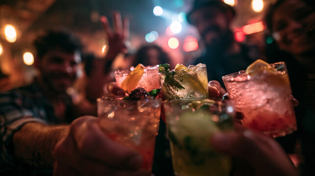 Friends Toasting with Cocktails at Nightclub Party