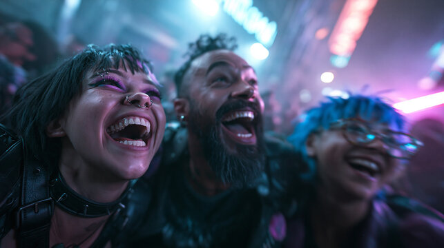 Excited Friends Cheering and Laughing at Night Music Concert