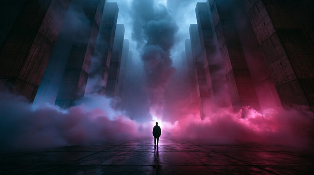 Silhouette of Person Standing in Futuristic Foggy Corridor