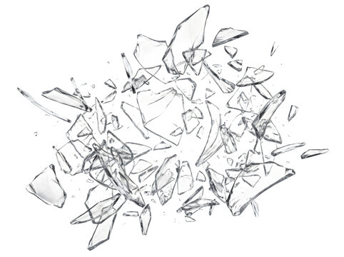 Shattered glass shards exploding isolated on transparent background