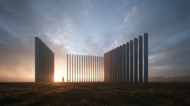 Monumental Pillar Sculpture in Open Landscape at Sunrise