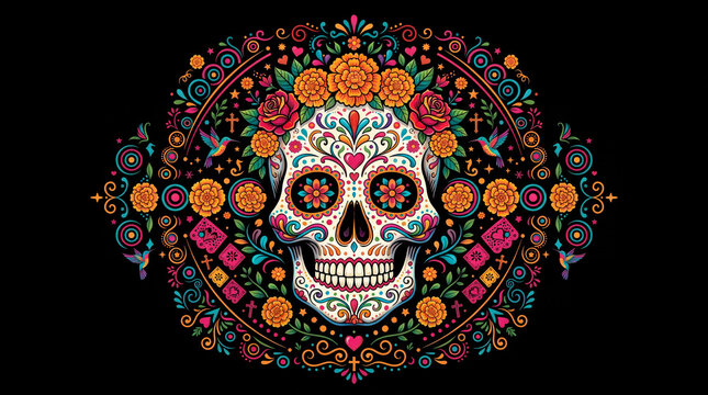 Colorful Dia de los Muertos skull with intricate floral decoration and hummingbirds