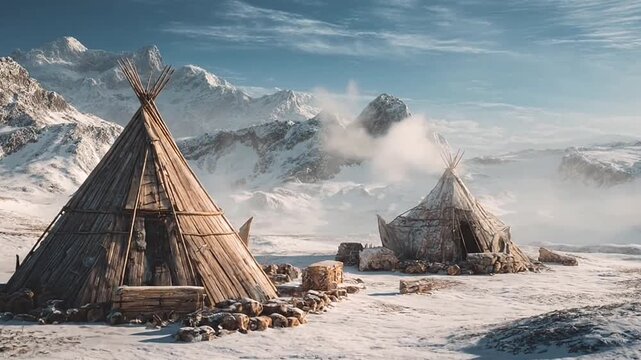 Traditional teepees in a snowy mountain winter landscape.