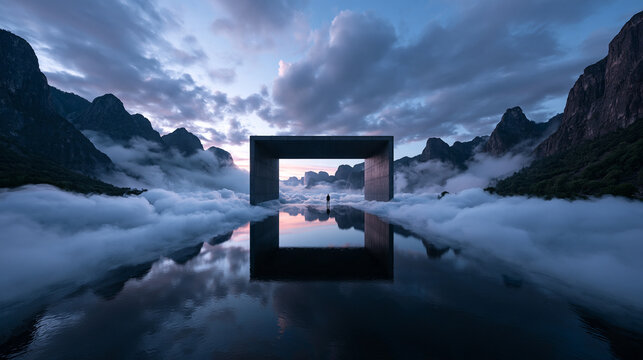 Monumental Futuristic Portal Above Clouds in Mountain Landscape