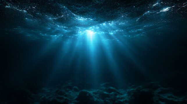 Sunbeams Shining Through Deep Blue Underwater Ocean Surface