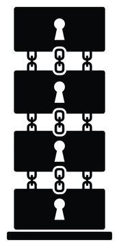 Minimalist Data Security Server Tower Icon Vector, Black Secured Filing Cabinet Padlock Chains Silhouette, Confidential Information Storage Concept