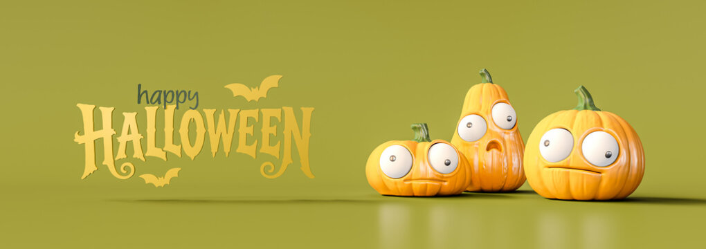 Happy Halloween. Funny pumpkins with Happy Halloween text on mustard green background. 3D Rendering, 3D Illustration