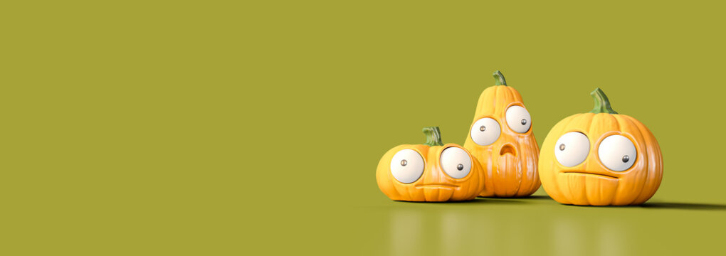 Funny pumpkins on mustard green background with copy space. 3D Rendering, 3D Illustration