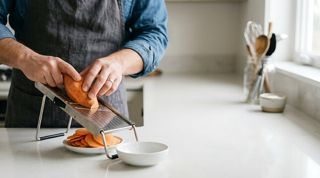Video of a man slicing a sweet potato with a mandoline in a bright home kitchen for cooking