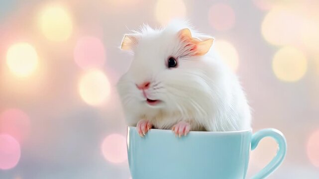 Adorable white guinea pig in a teacup with soft colorful bokeh background