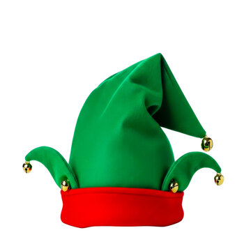 Green and red elf hat with small gold bells for christmas holiday celebration isolated on white background