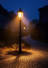 Obraz premium A classic vintage street lamp casts a warm golden glow over a quiet cobblestone path at night, creating soft shadows and a peaceful mood, black, path, luminosity