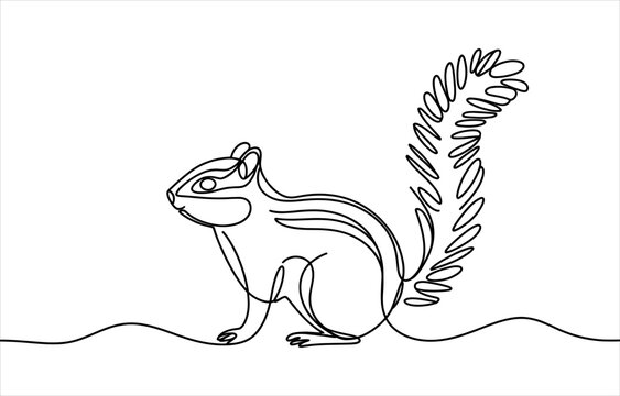 Continuous single line drawing of a cute chipmunk with a bushy tail