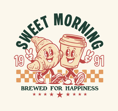Retro croissant and coffee cup mascot illustration with vintage design, cheerful morning vibes for apparel and print