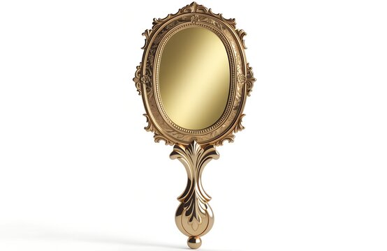 Vintage gold ornate handheld mirror isolated on white background with gold metal
