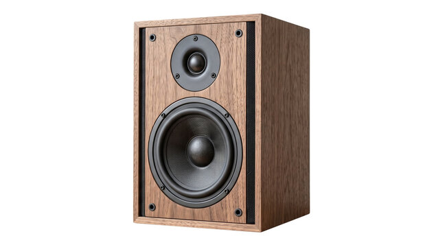 Classic wooden bookshelf loudspeaker isolated on transparent background vintage design hifi stereo speaker for living room audio entertainment music listening.