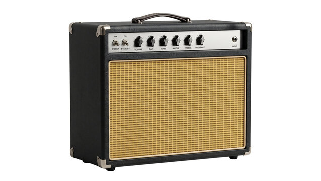 Black electric guitar amplifier combo with vintage woven fabric grille and chrome knobs isolated on transparent background for stage performance and practice musical equipment.