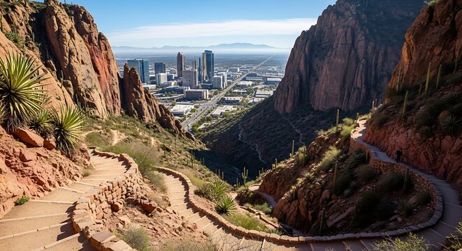 Winding stone hiking trail overlooks the sprawling modern urban desert city