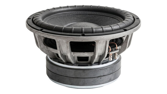 High performance subwoofer speaker unit with reinforced rubber surround and heavy metallic basket isolated on transparent background for custom car audio installation.