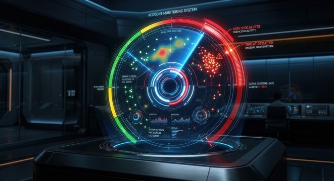 Radar interface for account takeover detection, anomaly scoring, session monitoring, and suspicious access.