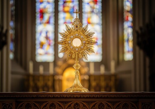 A golden monstrance stands prominently on an ornate altar inside a quiet cathedral, reflecting soft light through colored stained glass, ornate, spiritual, sacrament