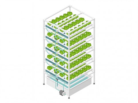 Isometric vertical hydroponic farming system with green plants