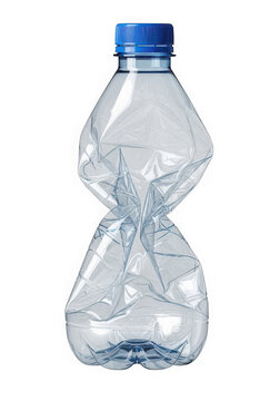 Empty crushed plastic water bottle isolated on transparent background for recycling
