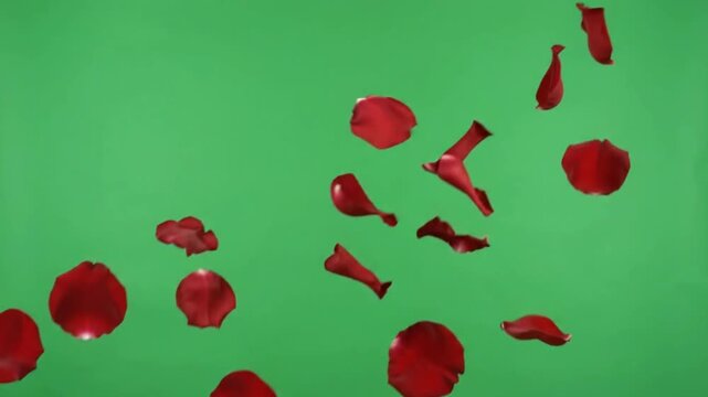 Red rose petals falling slowly on green screen background, romantic floral overlay elements, keying compositing footage for wedding, valentine day, love and elegant anniversary video projects
