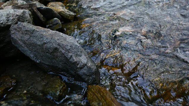 Clear stream water flowing over wet rocks