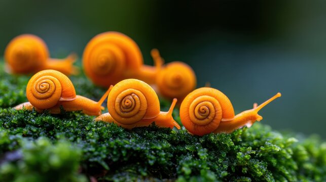 A line of vibrant orange snails gliding along moss, creating a picturesque natural scene