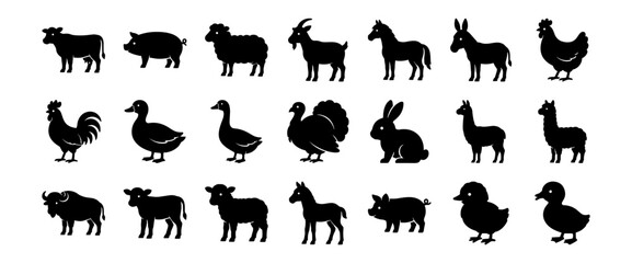 Obraz premium Farm animal silhouette icon set with cow, pig, sheep, goat, horse, donkey, chicken, duck, turkey, rabbit, llama, and calf on transparent background