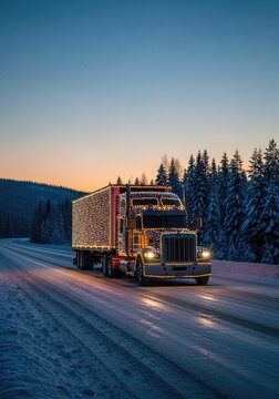 A semi truck adorned with glowing holiday lights travels along a snowy highway through a scenic winter landscape at dusk with pine trees, winter, asphalt, backdrop