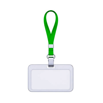 Blank id badge holder with a bright green lanyard for corporate events isolated on white background