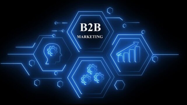Abstract neon Hud knowledge ability business gear icon Glowing neon line concept. Glowing "B2B MARKETING" button in German on a futuristic, abstract wave technology om black background. 