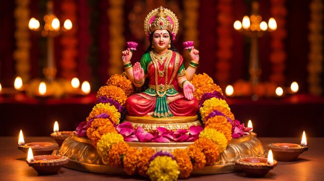 lakshmi statue on brass plate surrounded by marigold flowers and glowing oil lamps, lakshmi statue amid colorful rangoli, diyas, incense smoke and festive bokeh ... See More
