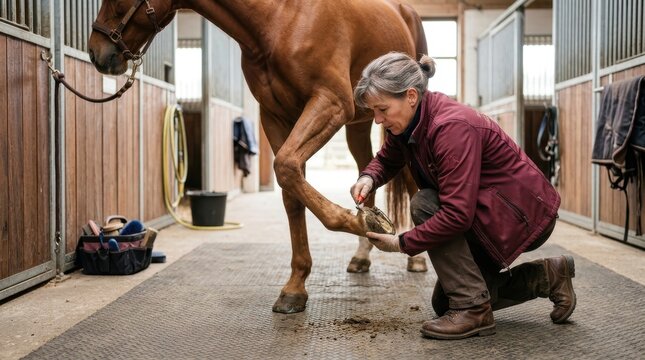Stable Care: A skilled equestrian carefully examines the hoof of a brown horse inside a well-maintained stable, demonstrating dedicated care and attention to animal well-being.