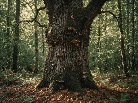 Fungal colonization of a mature oak trunk with multiple bracket fungi in dense woodland