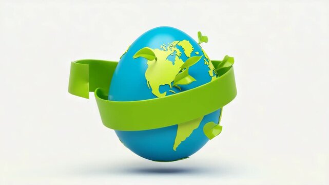 Green Globe with Leaves and Ribbon Representing Environmental Protection, Sustainability, Ecology and Global Conservation