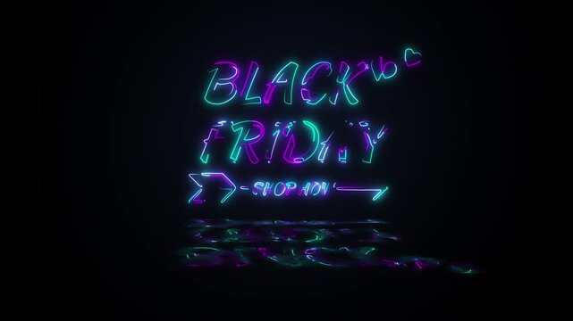 Animation text of Black Friday Shop Now laser neon glitch text effect on black abstract backgroud. Promote advertising concept isolate using QuickTime Alpha Channel proress 444