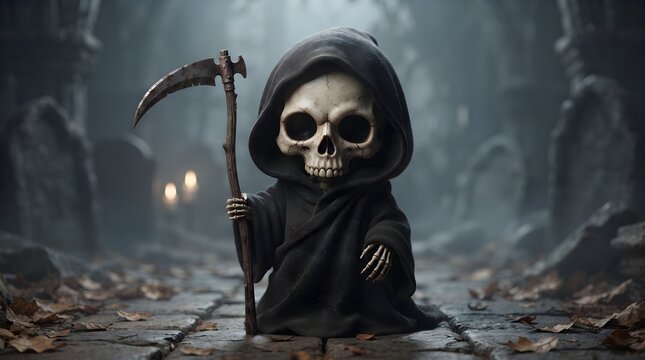 Cute Grim Reaper Figurine Holding a Scythe in a Dark Cemetery Environment