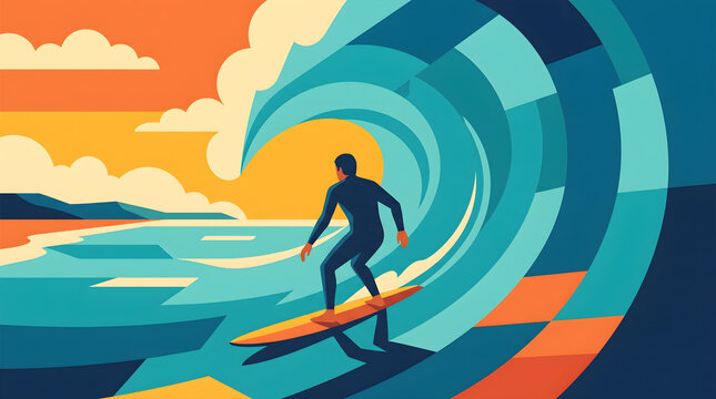 Stylized retro vector illustration of surfer riding inside big ocean barrel wave at sunset