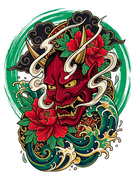 Hannya mask with Japanese peony flowers and waves art vector illustration design on transparent background