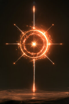 Bimo divine diagram light structure, central golden circle, red scripture light patterns flowing, eight silver-white light pillars radiating, glowing symbols at ends, slender light pen floating, parch