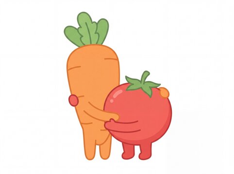 Cute carrot and tomato characters hugging each other