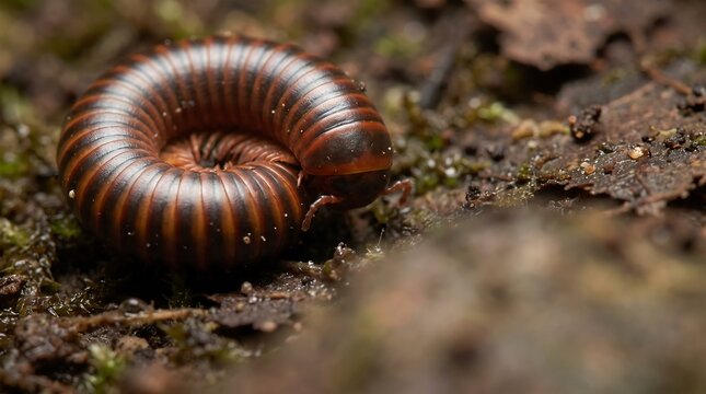 Detailed millipede curled into spiral on mossy forest floor for nature educational studies.