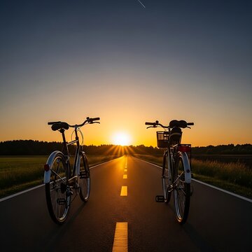 Two bicycles standing on asphalt road during beautiful golden sunset light