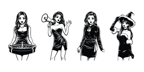 Fototapeta premium Set of four black and white hand drawn illustrations of beautiful women in different outfits and poses including a casino dealer and a witch.