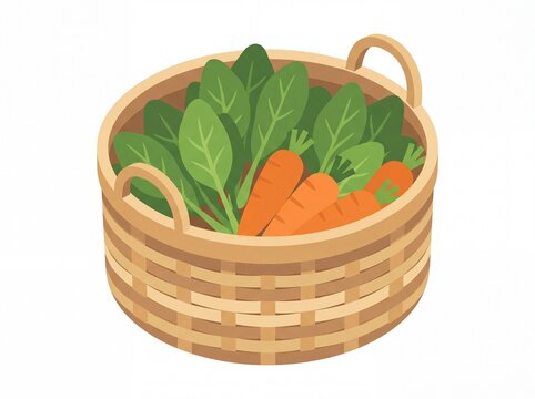 Fresh carrots and green leaves in a wicker basket vector